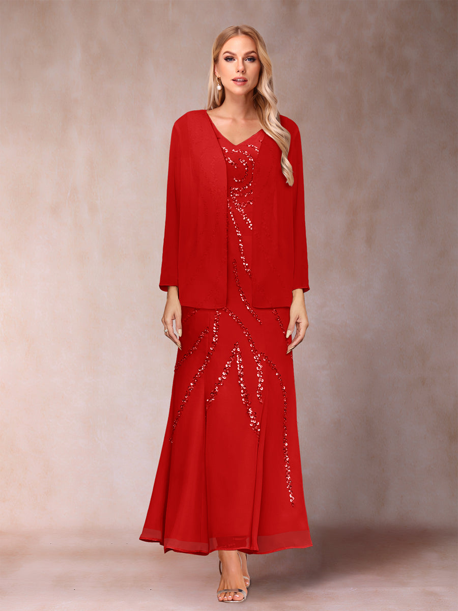Sheath/Column V-Neck Ankle-Length Evening Dresses With Jacket &amp; Sequins