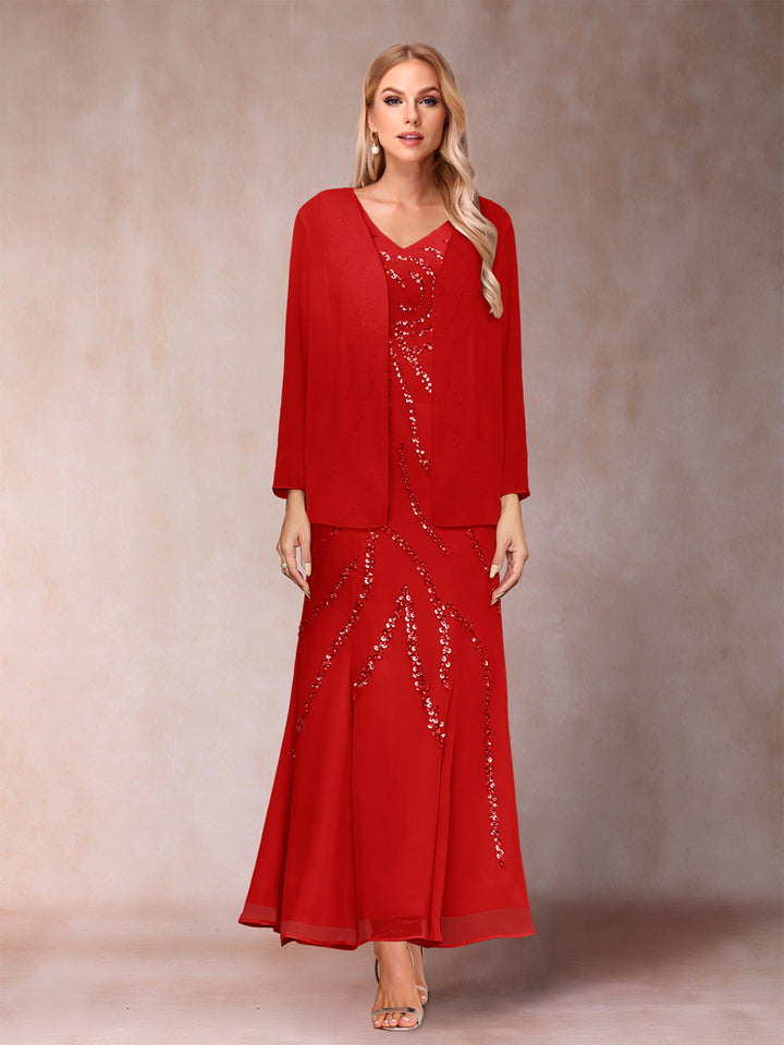 Sheath/Column V-Neck Ankle-Length Evening Dresses With Jacket &amp; Sequins