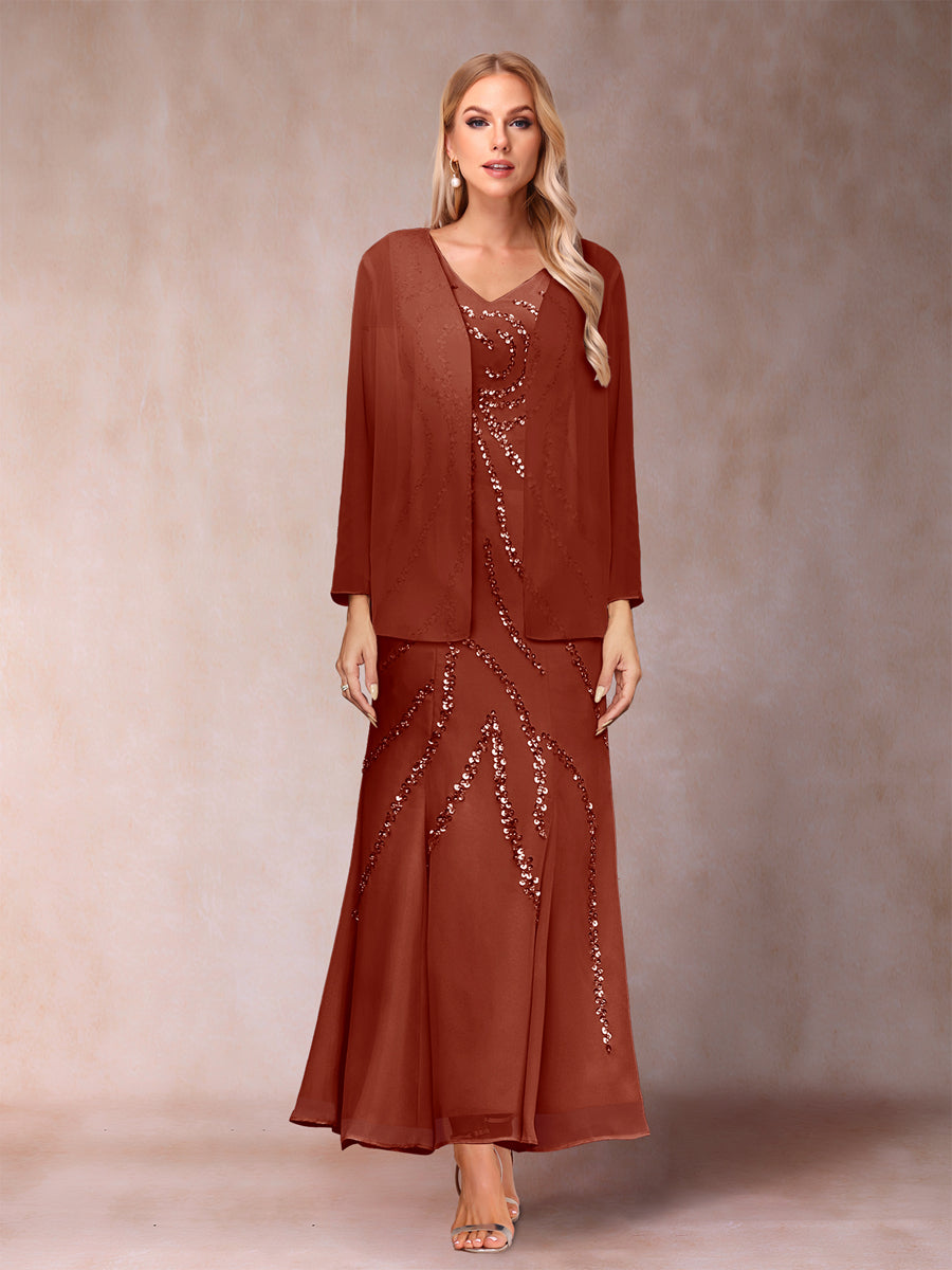 Sheath/Column V-Neck Ankle-Length Evening Dresses With Jacket &amp; Sequins