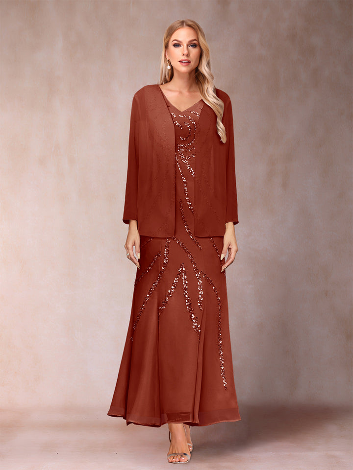 Sheath/Column V-Neck Ankle-Length Evening Dresses With Jacket &amp; Sequins