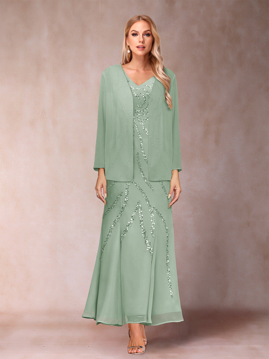 Sheath/Column V-Neck Ankle-Length Evening Dresses With Jacket &amp; Sequins