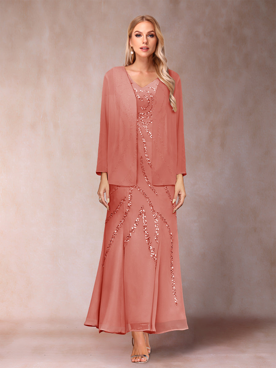 Sheath/Column V-Neck Ankle-Length Evening Dresses With Jacket &amp; Sequins