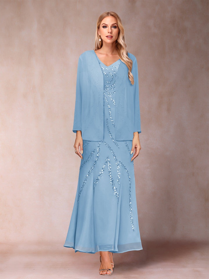 Sheath/Column V-Neck Ankle-Length Evening Dresses With Jacket &amp; Sequins