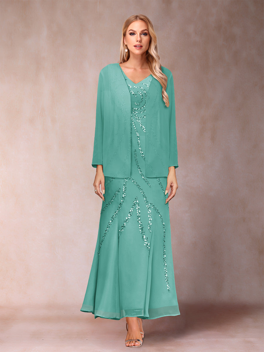 Sheath/Column V-Neck Ankle-Length Evening Dresses With Jacket &amp; Sequins