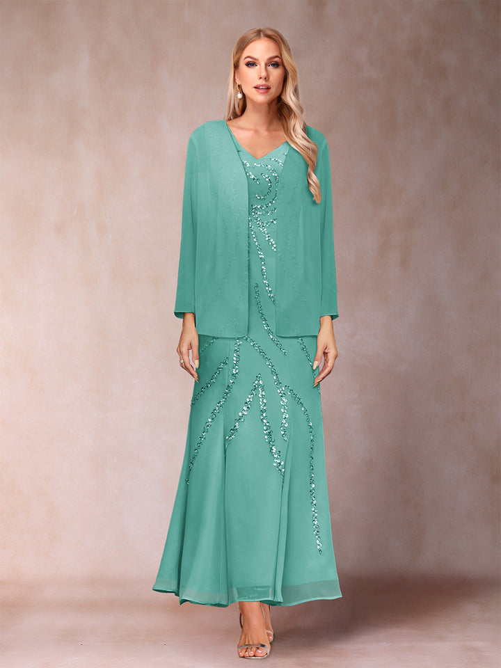 Sheath/Column V-Neck Ankle-Length Evening Dresses With Jacket &amp; Sequins