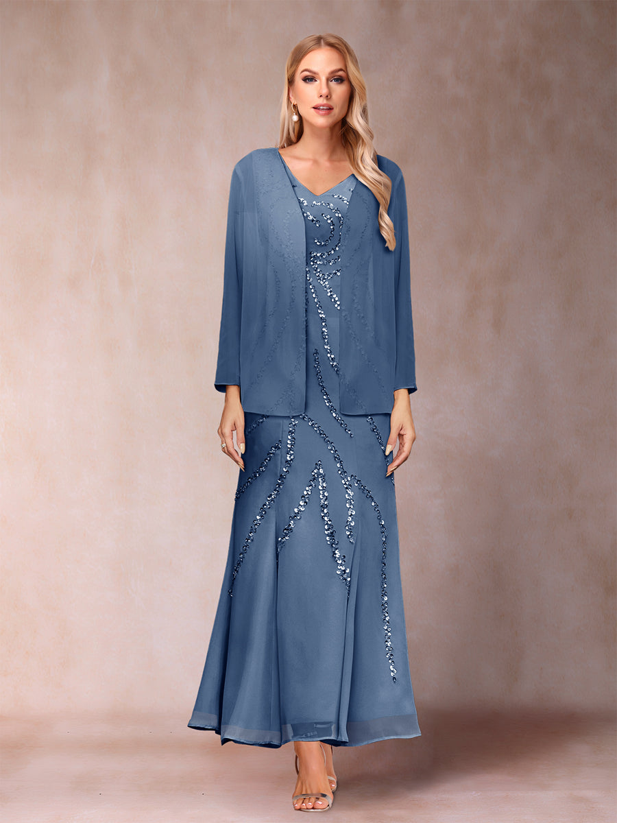Sheath/Column V-Neck Ankle-Length Evening Dresses With Jacket &amp; Sequins