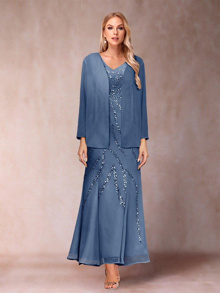 Sheath/Column V-Neck Ankle-Length Evening Dresses With Jacket &amp; Sequins