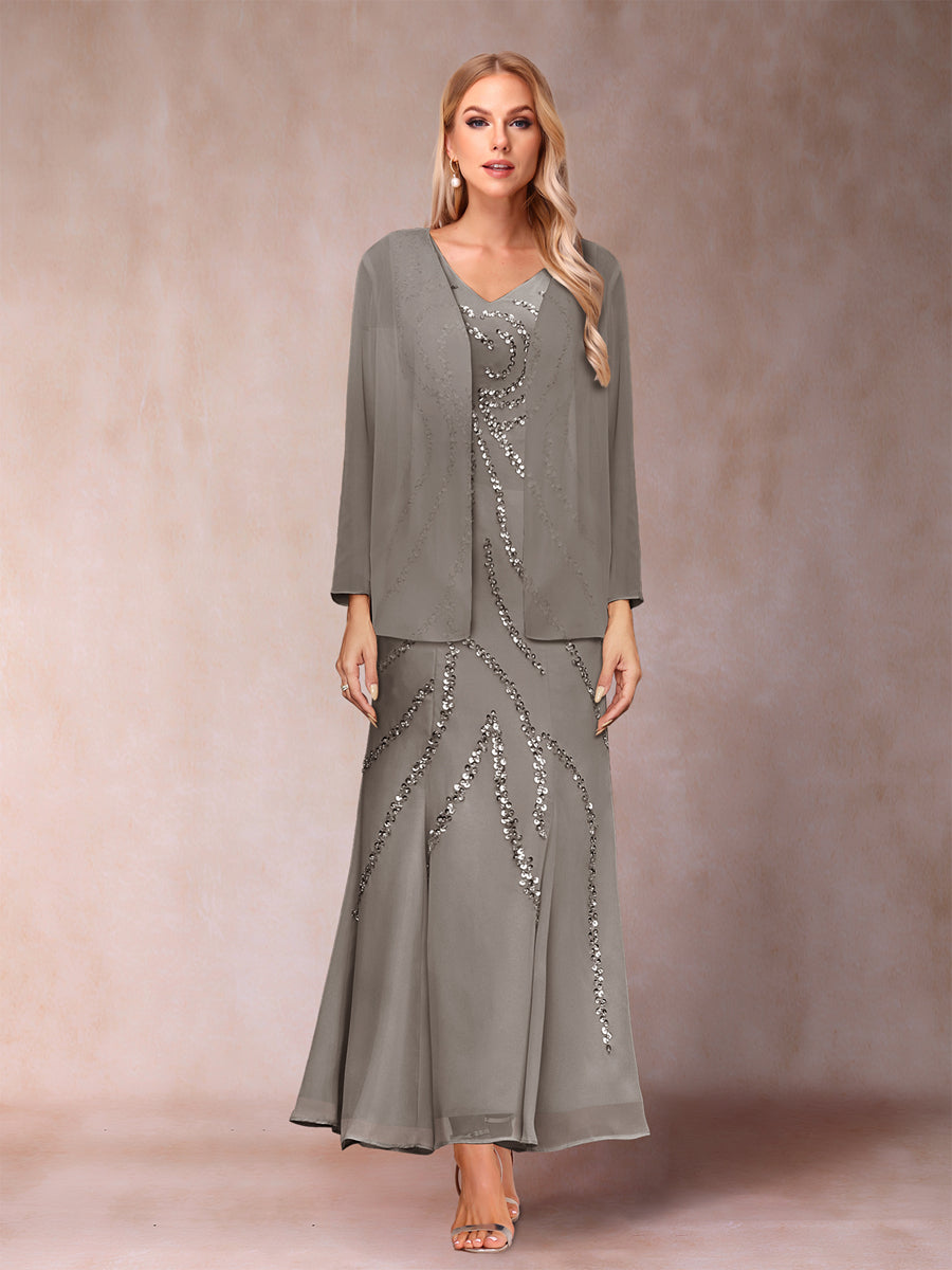 Sheath/Column V-Neck Ankle-Length Evening Dresses With Jacket &amp; Sequins