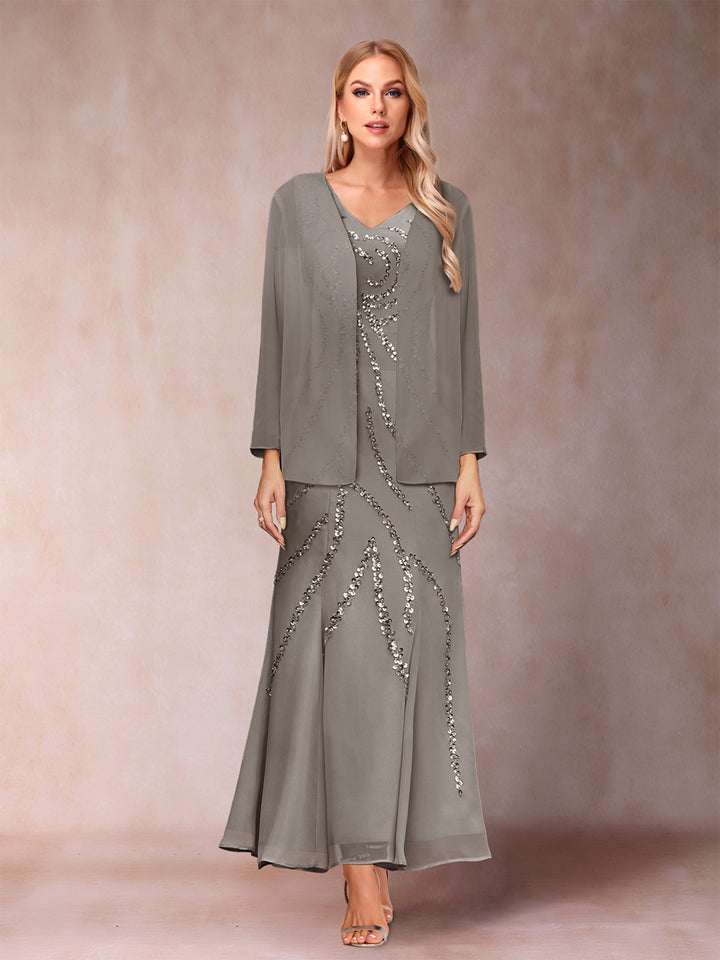 Sheath/Column V-Neck Ankle-Length Evening Dresses With Jacket &amp; Sequins