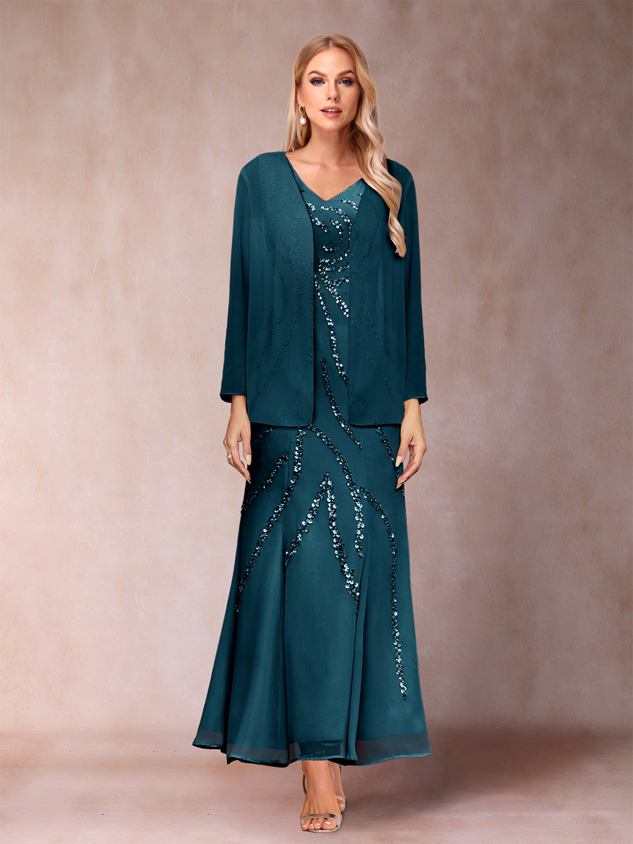 Sheath/Column V-Neck Ankle-Length Evening Dresses With Jacket &amp; Sequins