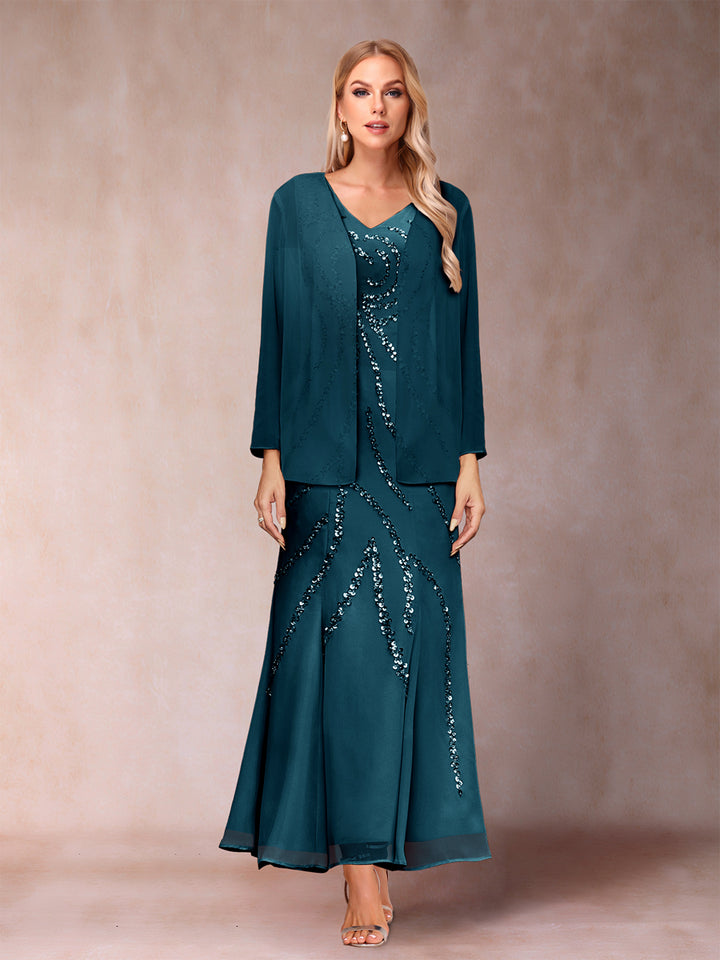 Sheath/Column V-Neck Ankle-Length Evening Dresses With Jacket &amp; Sequins
