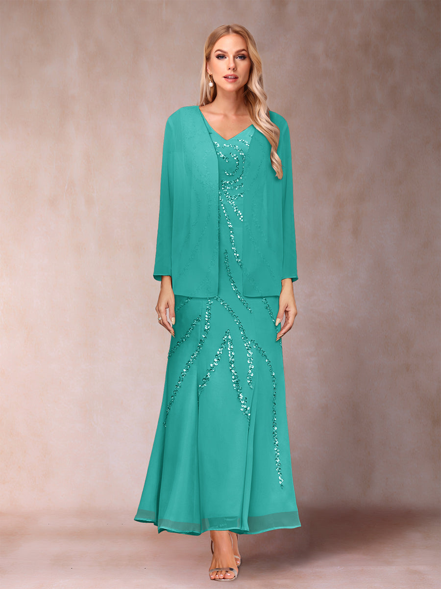 Sheath/Column V-Neck Ankle-Length Evening Dresses With Jacket &amp; Sequins