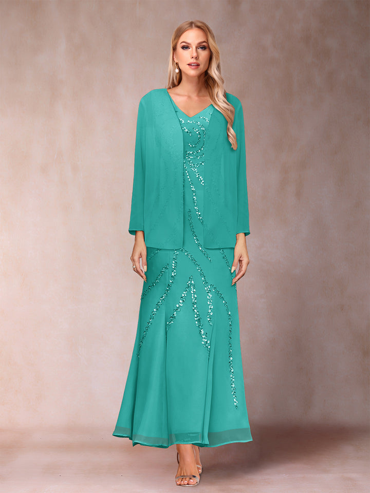 Sheath/Column V-Neck Ankle-Length Evening Dresses With Jacket &amp; Sequins