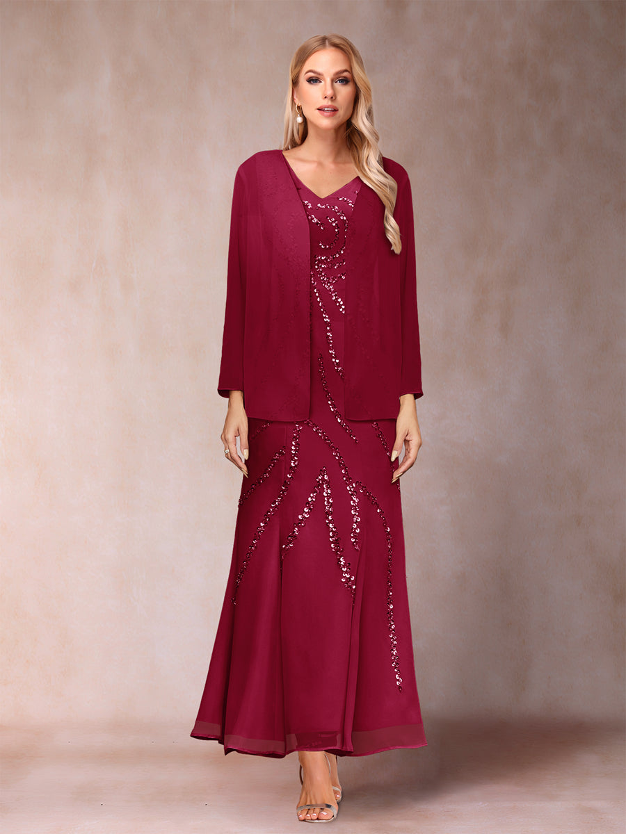 Sheath/Column V-Neck Ankle-Length Evening Dresses With Jacket &amp; Sequins