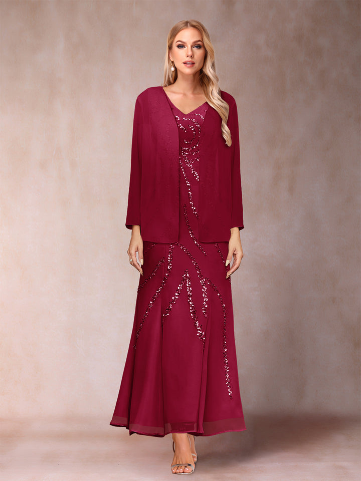 Sheath/Column V-Neck Ankle-Length Evening Dresses With Jacket &amp; Sequins