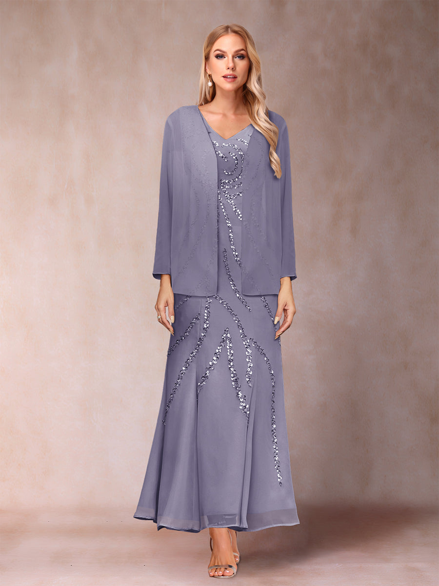 Sheath/Column V-Neck Ankle-Length Evening Dresses With Jacket &amp; Sequins