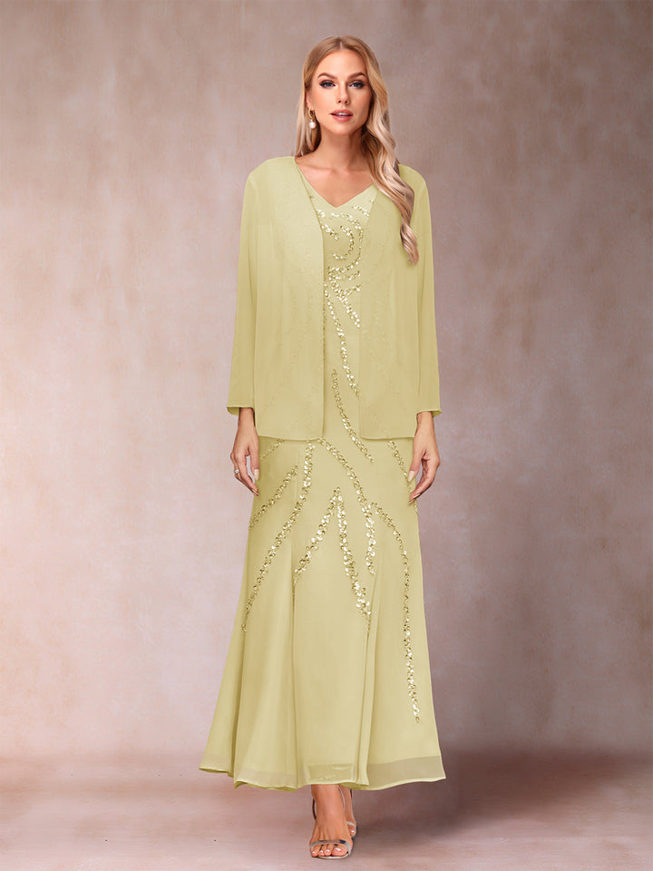 Sheath/Column V-Neck Ankle-Length Evening Dresses With Jacket &amp; Sequins