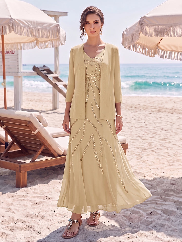 Sheath/Column V-Neck Short Sleeves Ankle-Length Mother of the Bride Dresses With Jacket &amp; Sequins