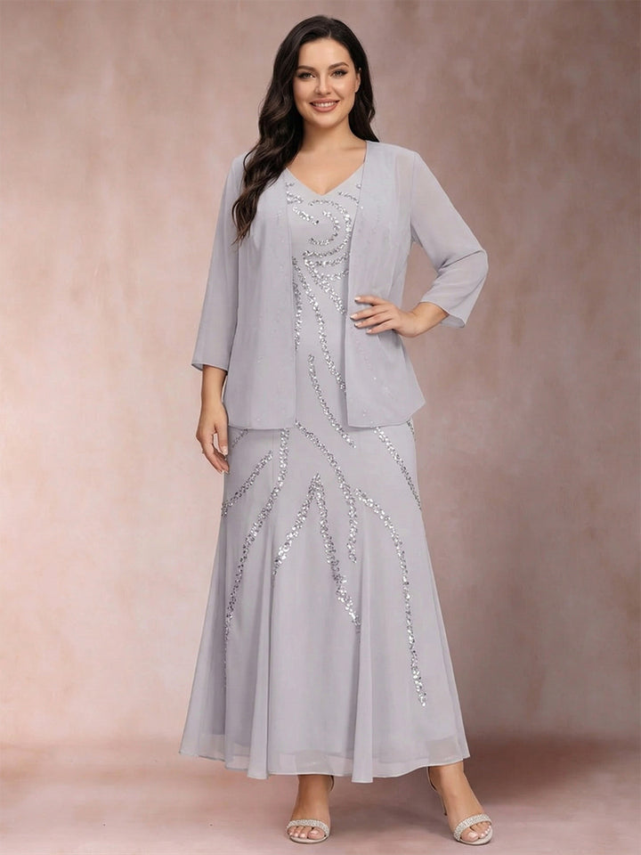 Sheath/Column V-Neck Ankle-Length Plus Size Evening Dresses With Jacket &amp; Sequins