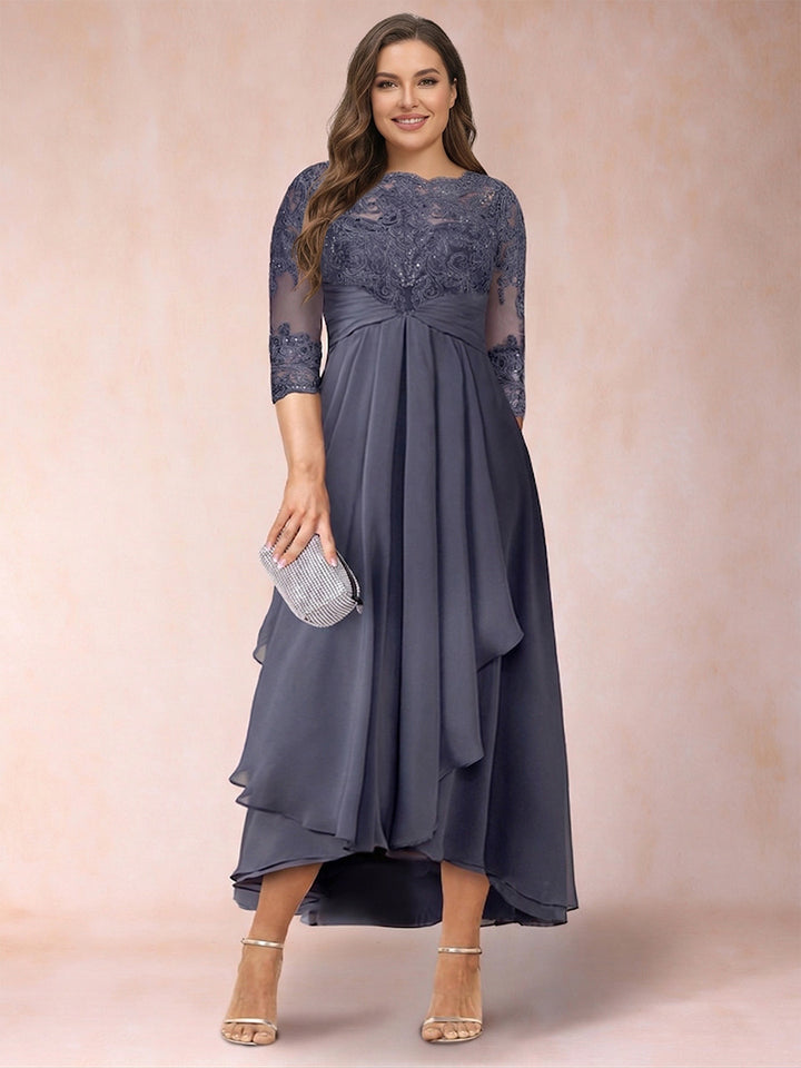 A-Line/Princess Sheer Neck 3/4 Sleeves Plus Size Mother of the Bride Dresses with Beading