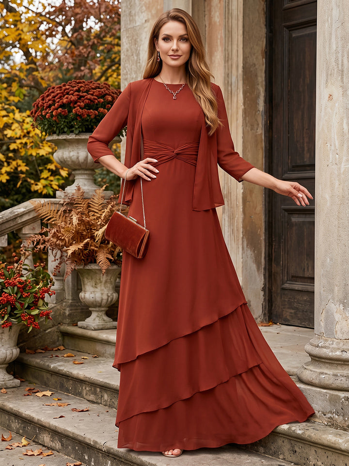 A-Line/Princess Scoop Ruched Floor-Length Chiffon Mother of the Bride Dresses with Ruffles &amp; Jacket