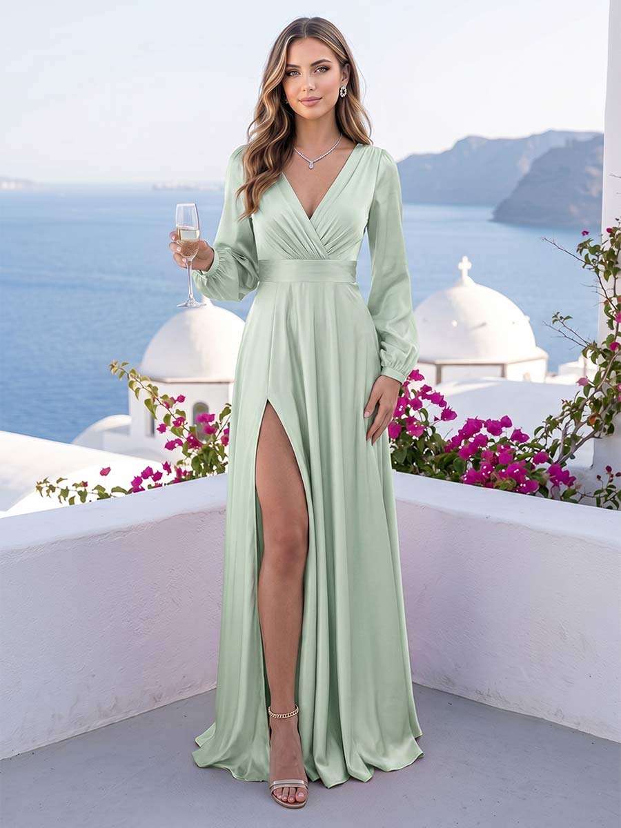 A-Line/Princess V-Neck Long Sleeves FLoor-Length Formal Dresses with Split Side