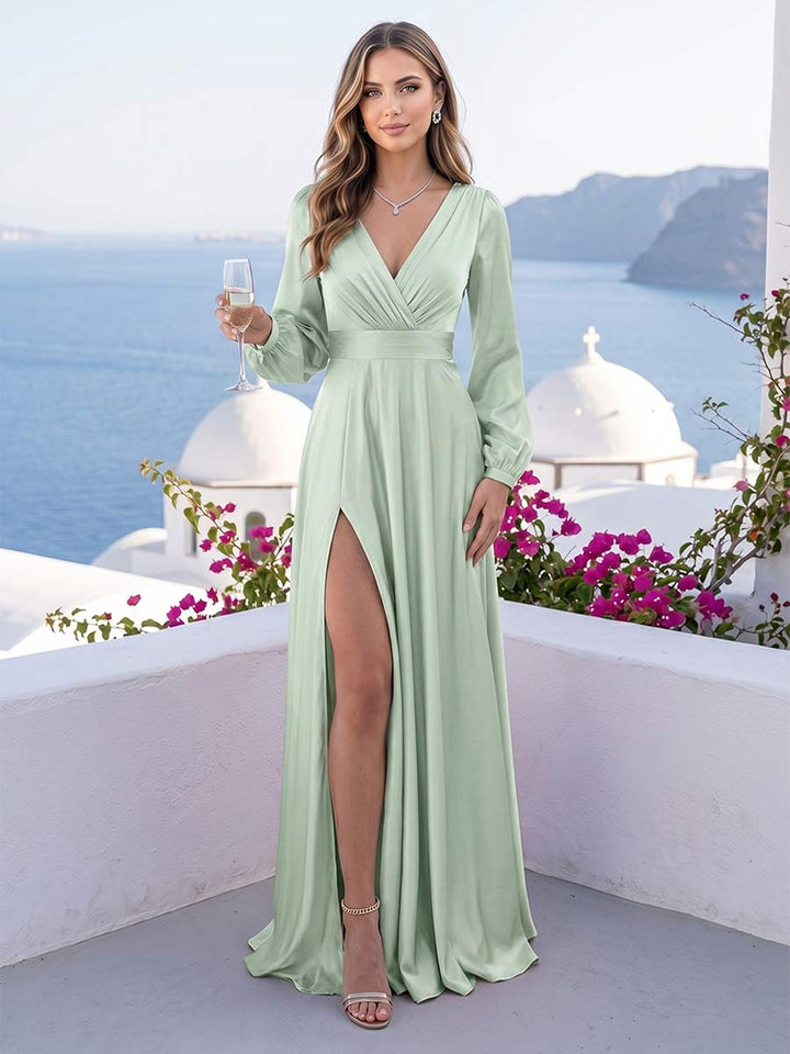 A-Line/Princess V-Neck Long Sleeves FLoor-Length Formal Dresses with Split Side