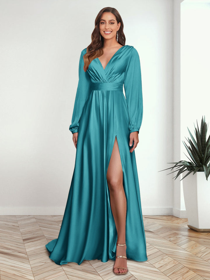 A-Line/Princess V-Neck Long Sleeves FLoor-Length Formal Dresses with Split Side