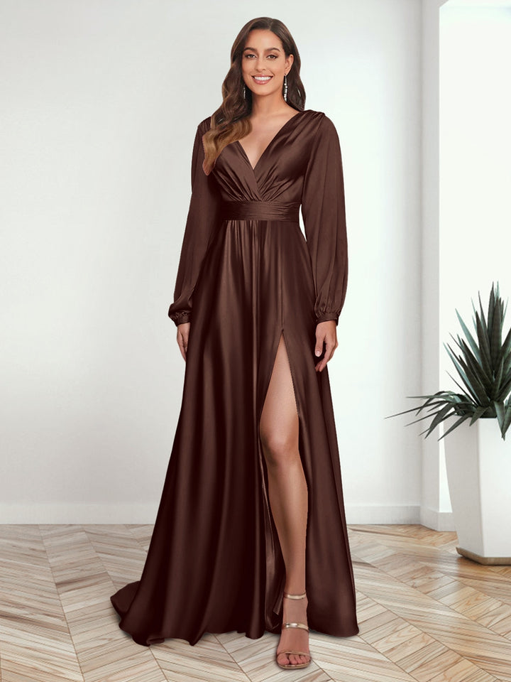 A-Line/Princess V-Neck Long Sleeves FLoor-Length Formal Dresses with Split Side