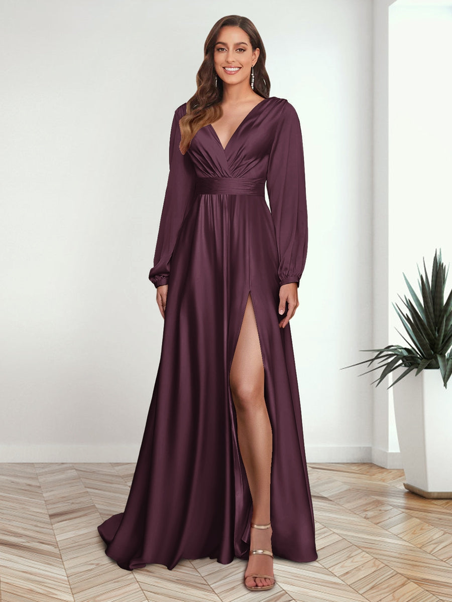 A-Line/Princess V-Neck Long Sleeves FLoor-Length Formal Dresses with Split Side