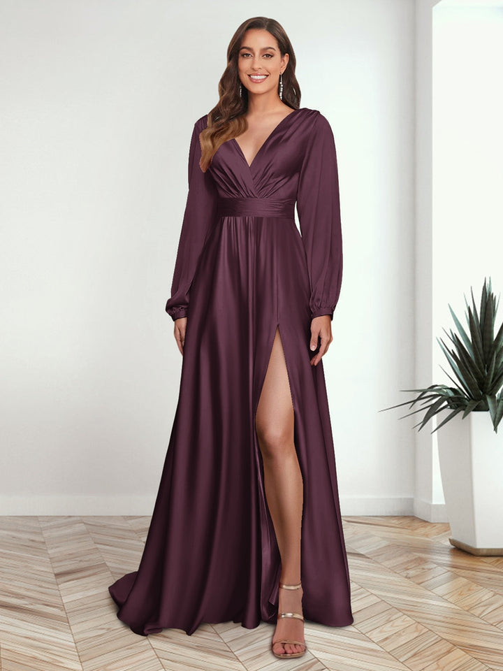 A-Line/Princess V-Neck Long Sleeves FLoor-Length Formal Dresses with Split Side
