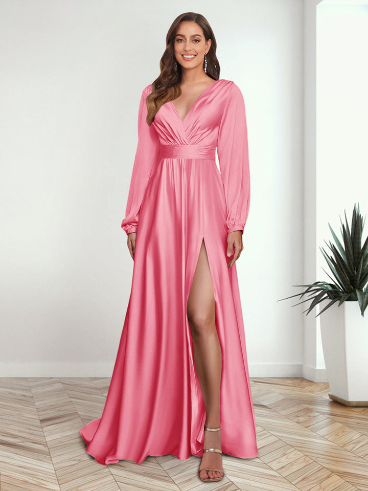 A-Line/Princess V-Neck Long Sleeves FLoor-Length Formal Dresses with Split Side