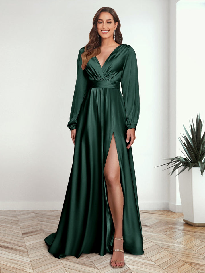A-Line/Princess V-Neck Long Sleeves FLoor-Length Formal Dresses with Split Side