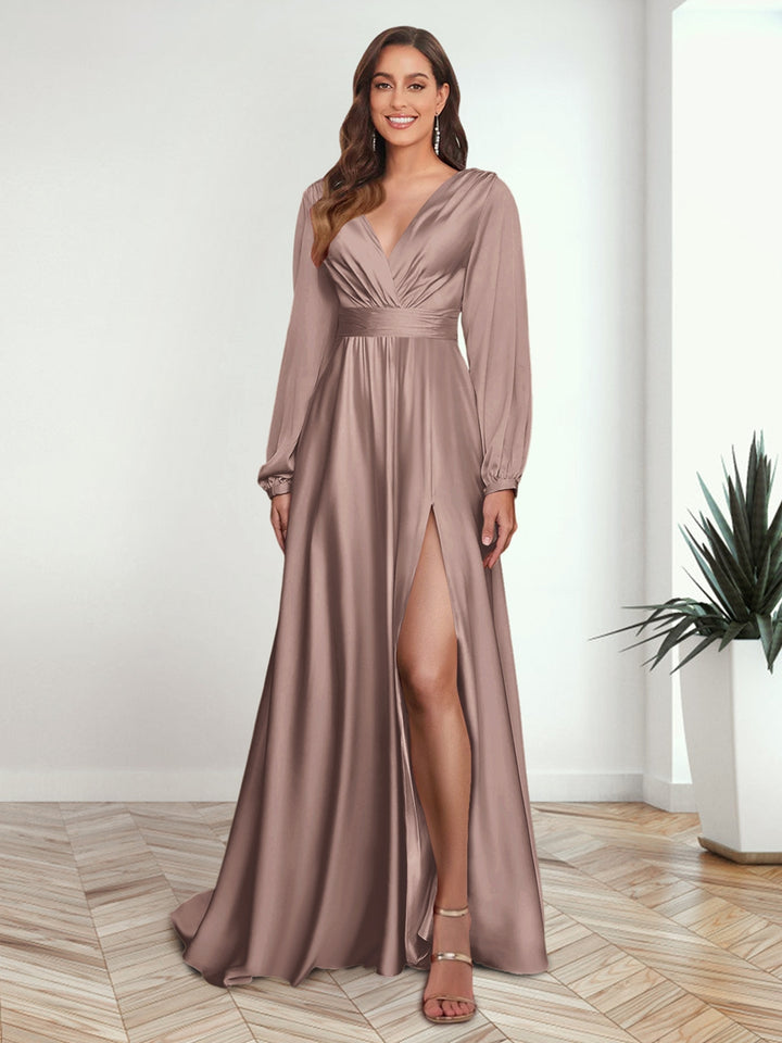 A-Line/Princess V-Neck Long Sleeves FLoor-Length Formal Dresses with Split Side