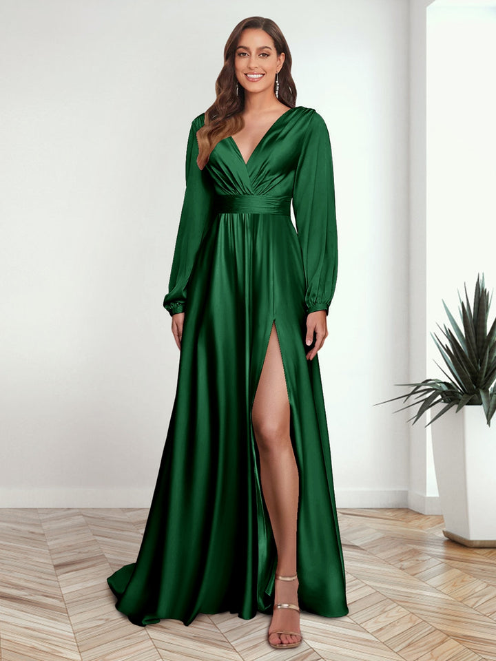A-Line/Princess V-Neck Long Sleeves FLoor-Length Formal Dresses with Split Side