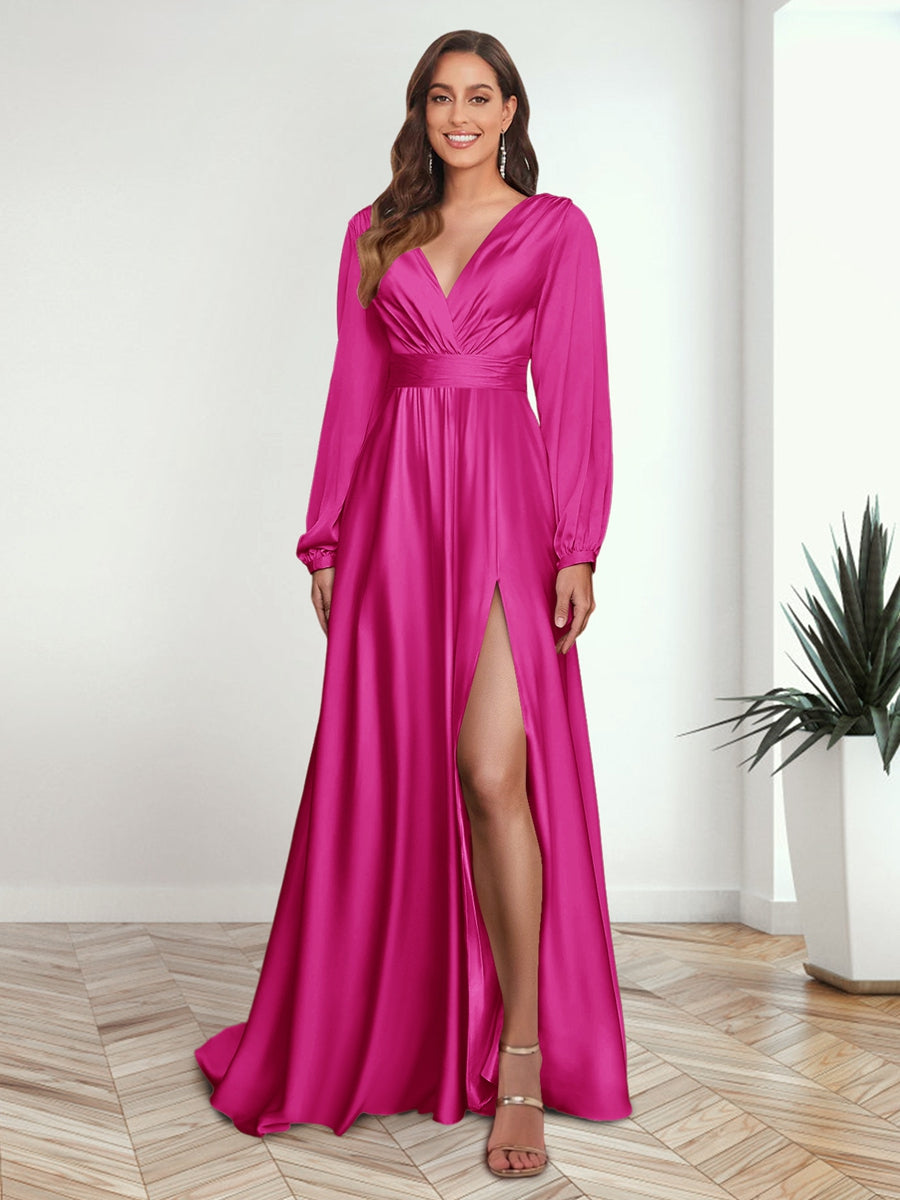 A-Line/Princess V-Neck Long Sleeves FLoor-Length Formal Dresses with Split Side