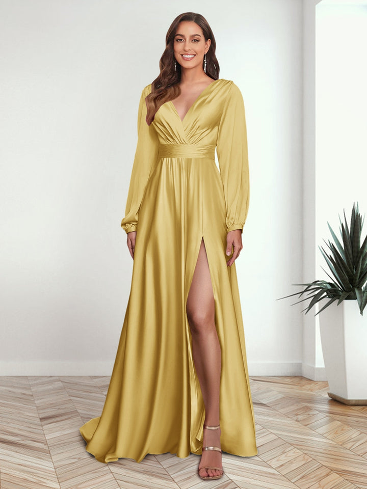 A-Line/Princess V-Neck Long Sleeves FLoor-Length Formal Dresses with Split Side