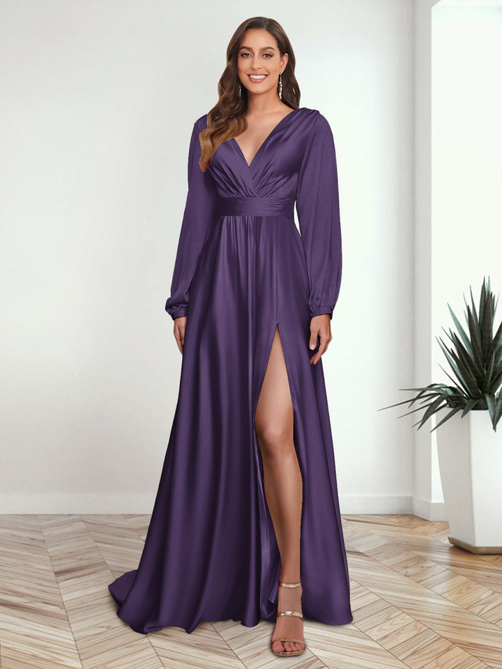 A-Line/Princess V-Neck Long Sleeves FLoor-Length Formal Dresses with Split Side