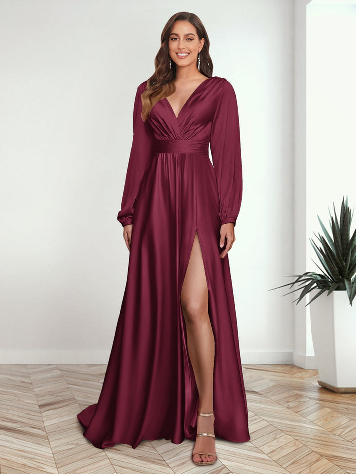 A-Line/Princess V-Neck Long Sleeves FLoor-Length Formal Dresses with Split Side