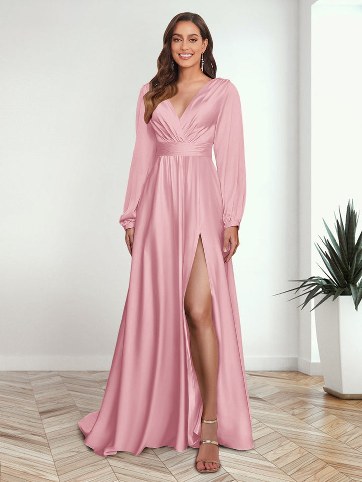 A-Line/Princess V-Neck Long Sleeves FLoor-Length Formal Dresses with Split Side