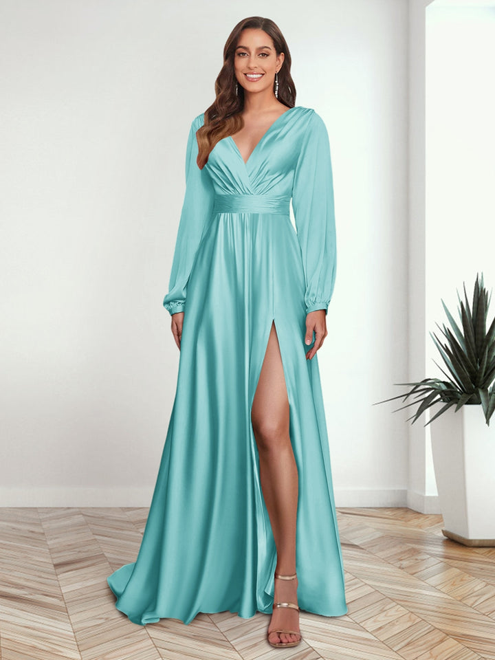 A-Line/Princess V-Neck Long Sleeves FLoor-Length Formal Dresses with Split Side