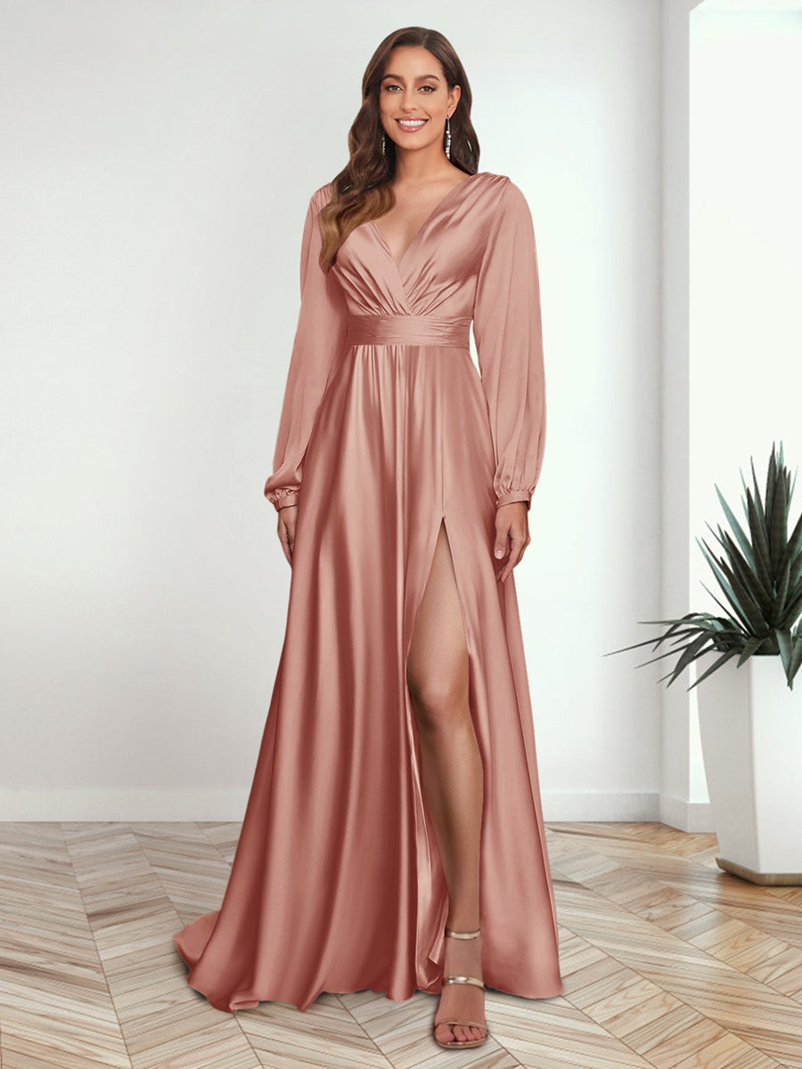 A-Line/Princess V-Neck Long Sleeves FLoor-Length Formal Dresses with Split Side