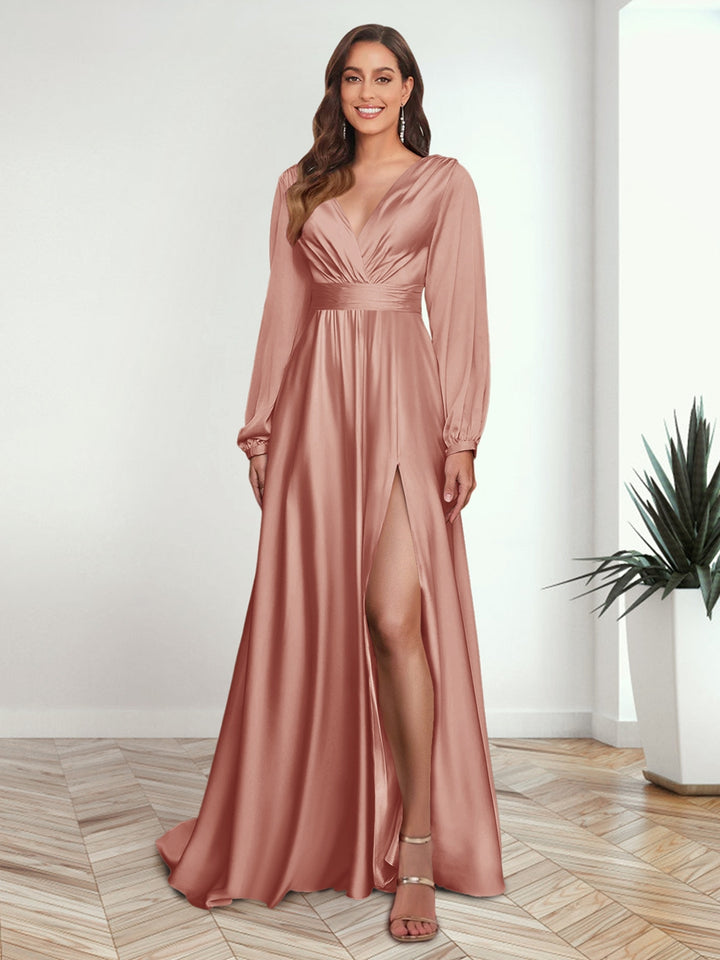 A-Line/Princess V-Neck Long Sleeves FLoor-Length Formal Dresses with Split Side
