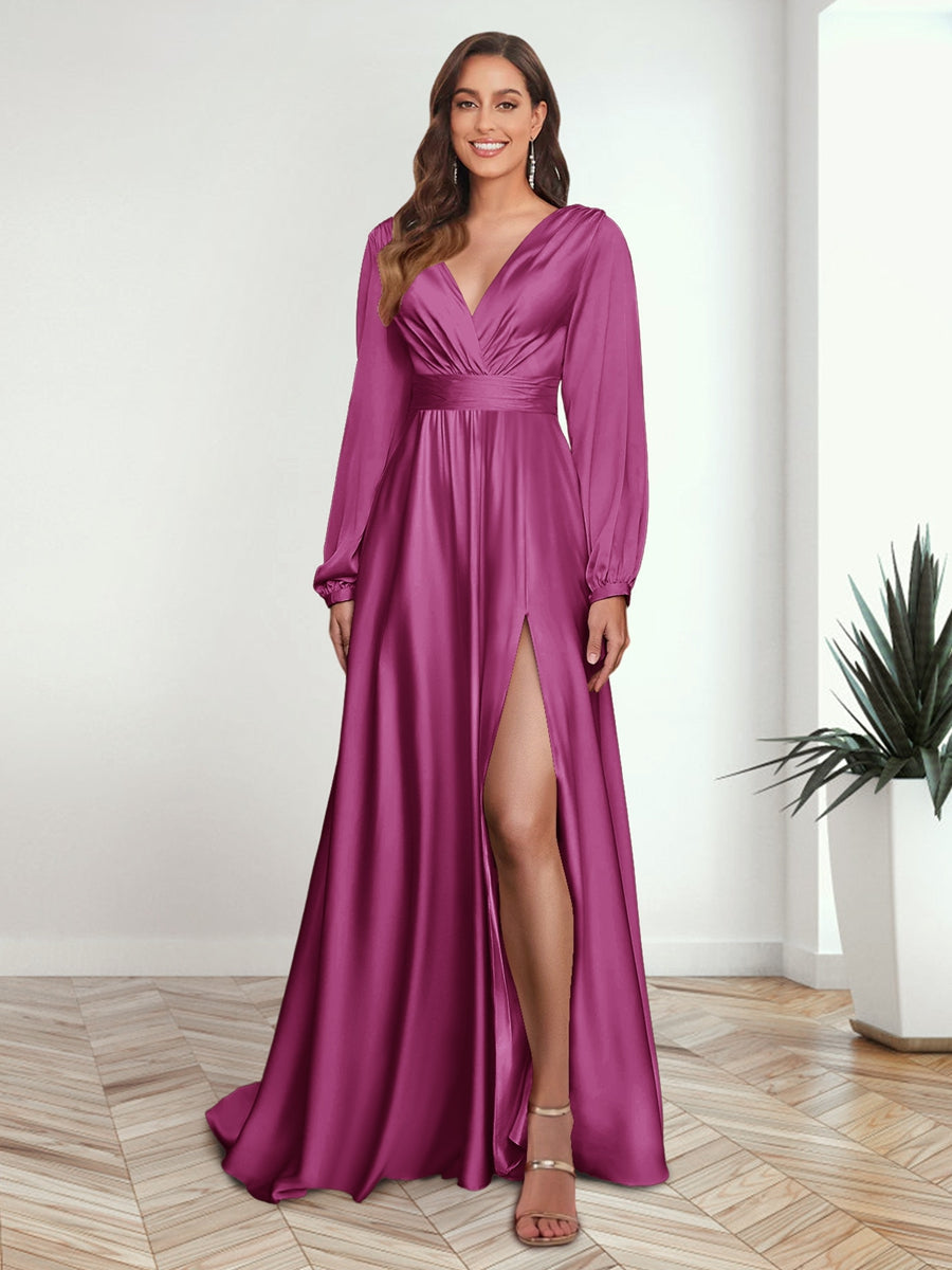 A-Line/Princess V-Neck Long Sleeves FLoor-Length Formal Dresses with Split Side