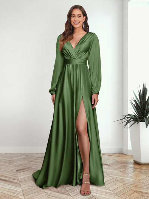 A-Line/Princess V-Neck Long Sleeves FLoor-Length Formal Dresses with Split Side