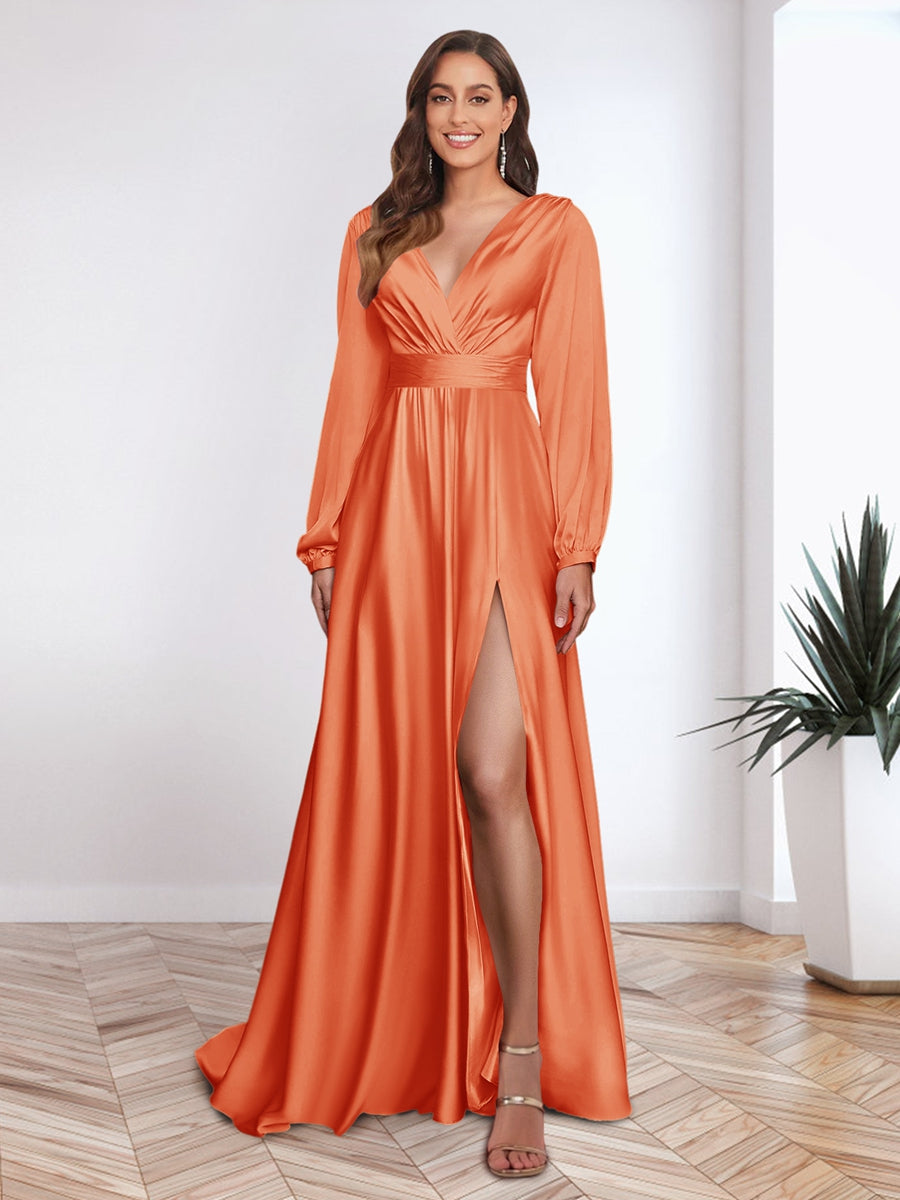 A-Line/Princess V-Neck Long Sleeves FLoor-Length Formal Dresses with Split Side