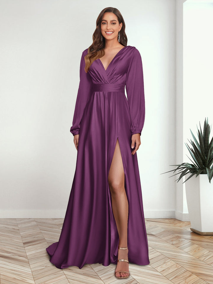 A-Line/Princess V-Neck Long Sleeves FLoor-Length Formal Dresses with Split Side