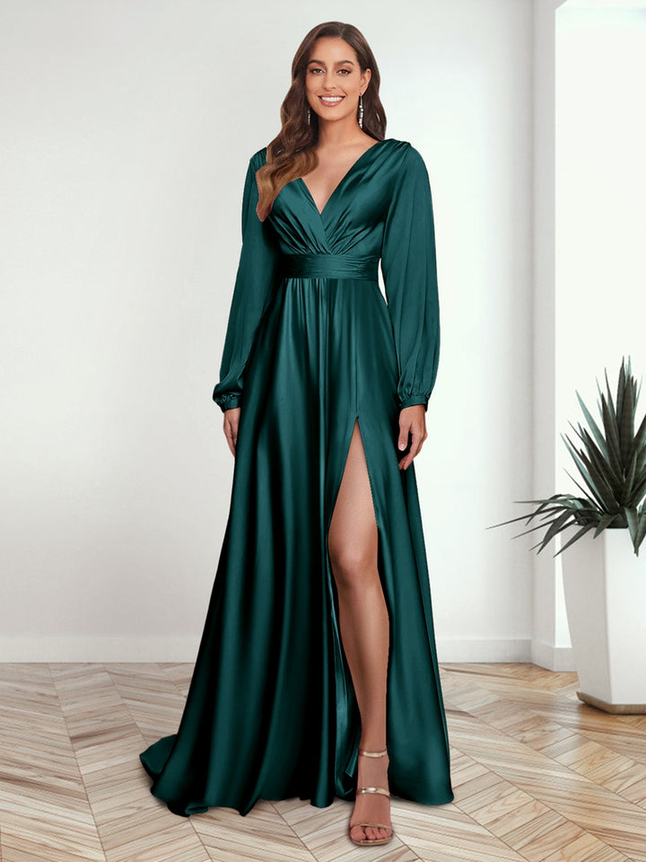 A-Line/Princess V-Neck Long Sleeves FLoor-Length Formal Dresses with Split Side