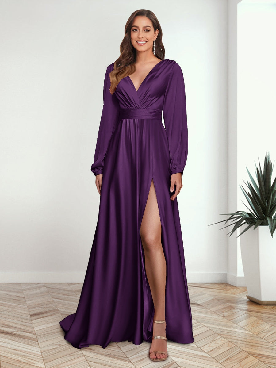 A-Line/Princess V-Neck Long Sleeves FLoor-Length Formal Dresses with Split Side