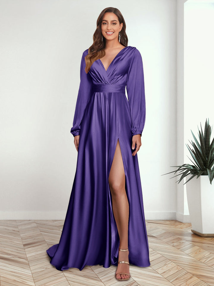 A-Line/Princess V-Neck Long Sleeves FLoor-Length Formal Dresses with Split Side